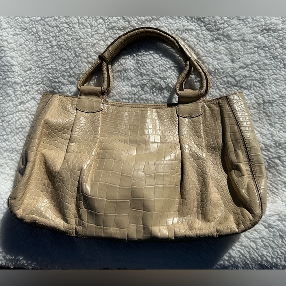 Cole Haan Handbags - Rehab: Cole Haan Vintage Crocodile Print Bag, Cream w/ Green Inter.